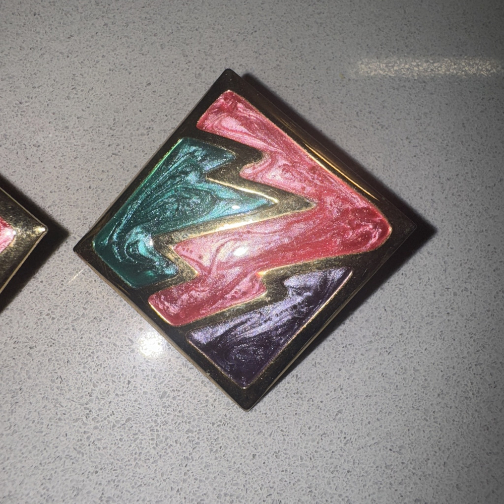 Vintage Retro Goldtone Pierced Multi Color Enamel Earrings Square - Picture 2 of 5